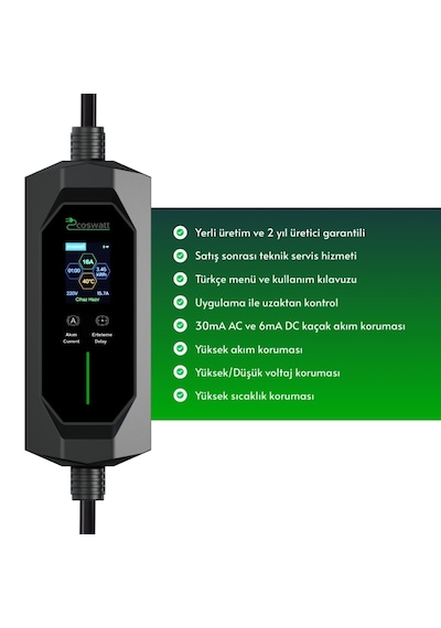 Taşınabilir Şarj Cihazı 3.5 Kw / 16a / Türkçe Menü/ Tip-2 / Ev Tipi Schuko Fiş / 220v Ac / Taşıma Çantası Hediyeli 8m Kablolu 3.7 KW