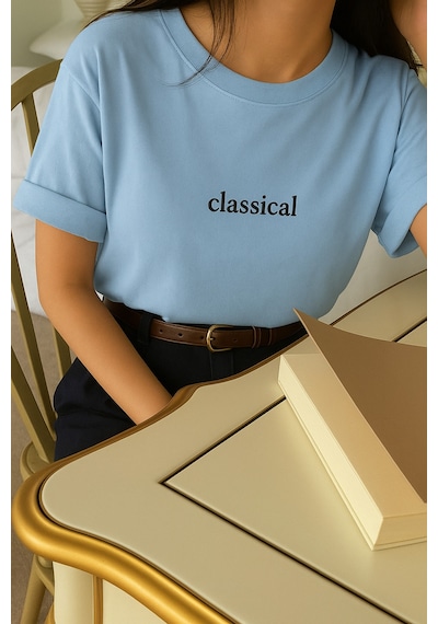 Classıcal Baskılı Oversize Unisex Tişört Bebe Mavisi