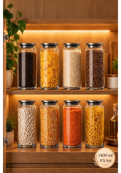 Porsima 4401 Bormio Metal Kapaklı 8li Cam Kavanoz Seti Vakum Kapaklı Saklama Düzenleme Kabı Seti 1400ml Şeffaf