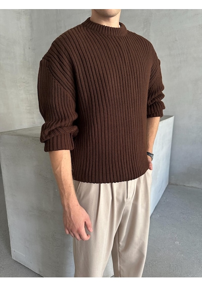 Erkek Fitilli Örme Oversize Kazak Kahverengi