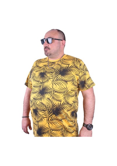 Starbattal Büyük Beden Sıfır Yaka Tişört Palm Leaf 23148 Sarı-Sarı Çok Renkli