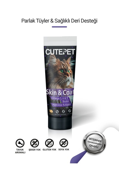 Cutepet Skin & Coat Kedi Deri Ve Tüy Sağlığı Malt 100g Omega 3-6-9, Biotin Ve Kolajen Destekli