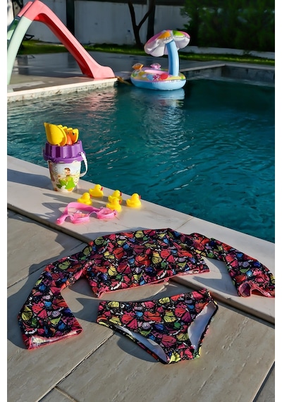 Mayom Kız Çocuk Kelebek Desenli Pareolu Bikini Takımı 3'lü Set-siyah-pembe Siyah - Pembe Mayom Kız Çocuk Kelebek Desenli Pareolu Bikini Takımı 3'lü Set-siyah-pembe Siyah - Pembe