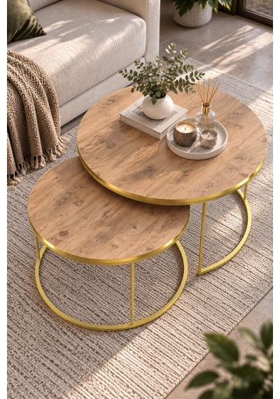 Sulorahome 2'li Yuvarlak Orta Sehpa Seti Ceviz Ve Gold Metal Ayaklı Altın - Ceviz Sulorahome 2'li Yuvarlak Orta Sehpa Seti Ceviz Ve Gold Metal Ayaklı Altın - Ceviz