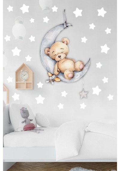 MSticker Ayda Uyuyan Sevimli Ayıcık Ve Beyaz Yıldızlar Çocuk Bebek Odası Sticker Seti