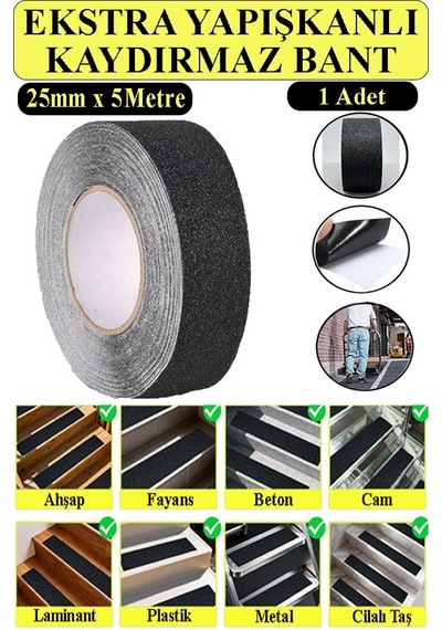 Merdiven Kaydırmaz Bant 25mm 1 Adet 5 Metre Zemin Kaymaz Band 2.5 Cm Yapışkanlı Basamak Mermer Beton Fayans Ayakkabı 1 Adet