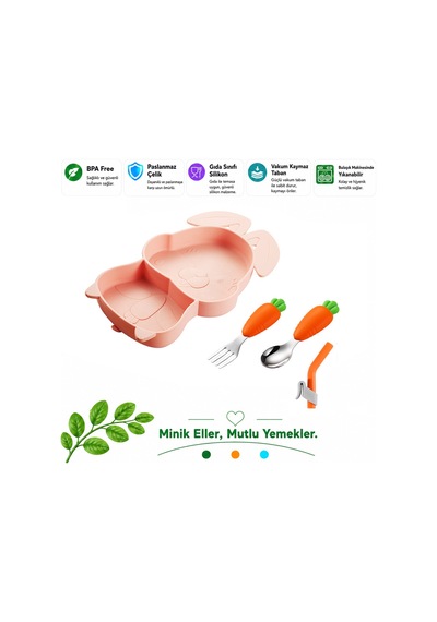 Pembe Vakumlu Silikon Mama Tabağı, Silikon Saplı Metal Uçlu Çatal Ve Kaşık Tavşan Figürlü