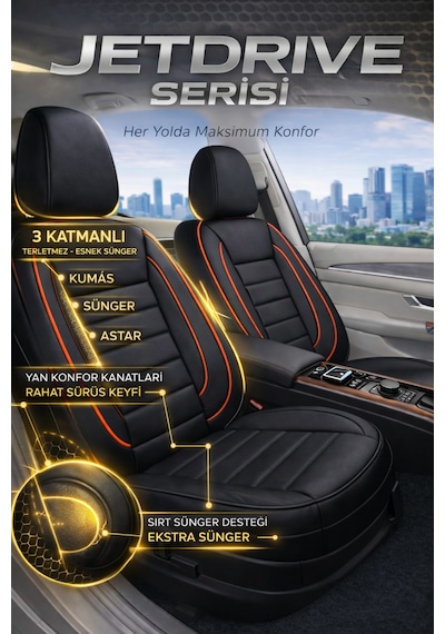 Ford Kuga 2017-2019 2+1 Uyumlu Deri Koltuk Kılıfı Jetdrive Serisi Siyah Kırmızı