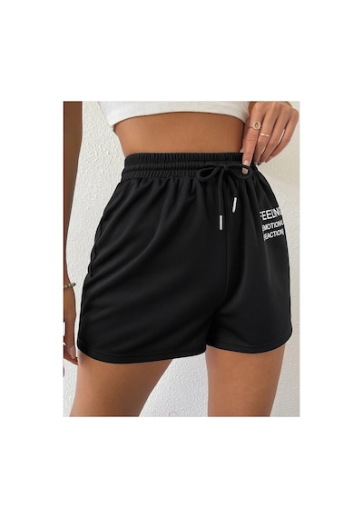 Tarzsokak Drawstring Waist Slogan Graphic Track Şort Siyah