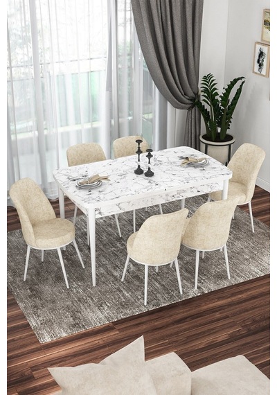 Canisa Kor Serisi 70x114 Açılabilir Mutfak Masası Takımı Beyaz Mermer Desen Masa 6 Krem Sandalye Masa Beyaz Mermer Desenli Sandalyeler Krem