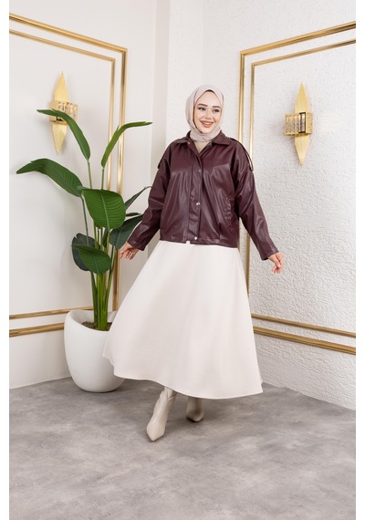 Hb Harma Time Butik Kadın Bordo Deri Astarlı Fermuarlı Ceket