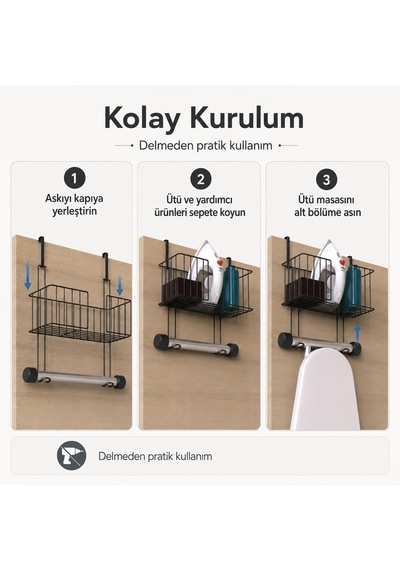 Alper Banyo Kapı Arkası Ütü Masası Askılığı Siyah, Sepetli Kapı Arkası Düzenleyici, Delmeden Kullanımlı Ü