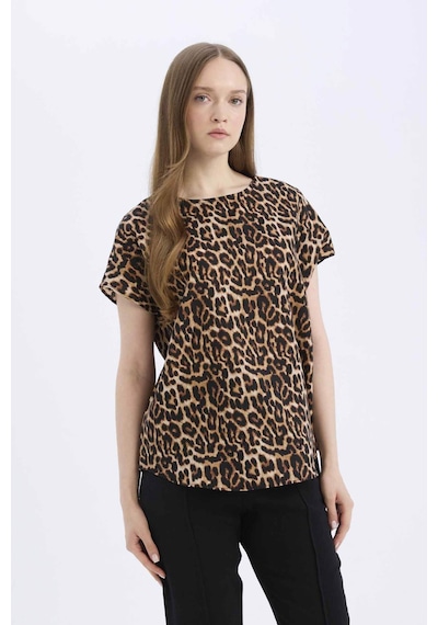 DeFacto Regular Fit Leopar Desenli Bisiklet Yaka Kısa Kollu Bluz E7038AX25SPBG150