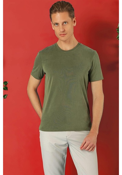 Efor Slim Fit Bisiklet Yaka %100 Pamuk Haki Tişört Ts 878 Haki