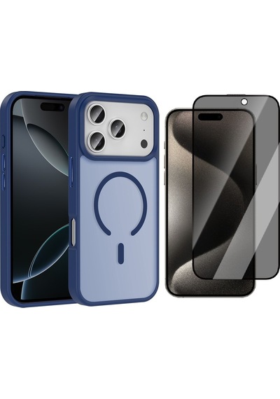 Vendas Apple Uyumlu iPhone 17 Pro Kılıf M-safe Şarj Özellikli Mat Arka Yüzey Zore Sio Kapak + Hayalet Ekran Koruyucu Lacivert