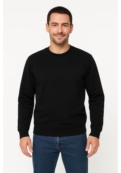 Erkek 3 İplik Pamuklu Düz Bisiklet Yaka Sweatshirt - Siyah
