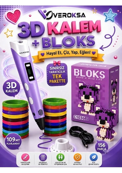 3d Kalem + 156 Parça Bloks Seti Mor Hayal Gücünü Gerçeğe Dönüştür Piksel Ayıcık