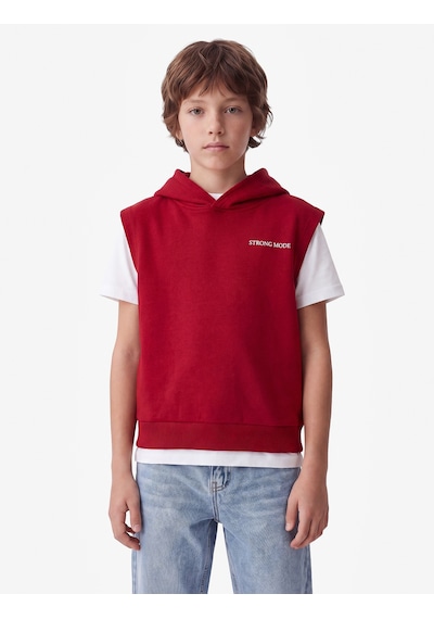Koton Üç İplik Baskılı Oversize Kapşonlu Kolsuz Sweatshirt Kırmızı 7wkb30005tk