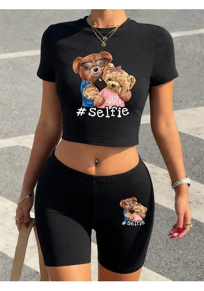 Tarzsokak Sıcak Tatlı Çift Ayılar Selfie Baskılı Babby Teelar Şortlar Kadın Yazlık İki Parçalı Set Tişör Siyah