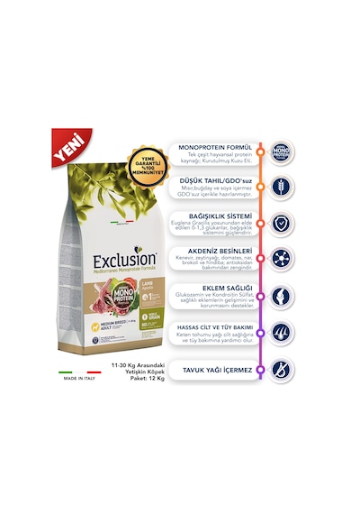 Exclusion Monoprotein Düşük Tahıllı Kuzu Etli ve Narlı Orta Irk Yetişkin Köpek Maması 12 KG