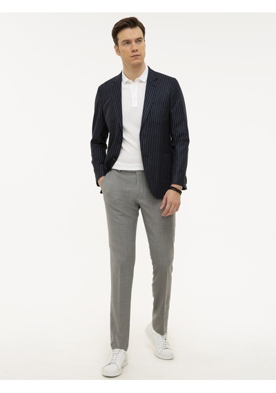 Cacharel Lacivert Slim Fit Keten Karışımlı Çizgili Ceket