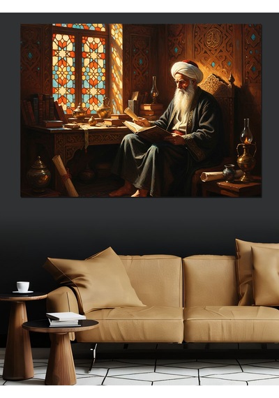 Ahşap Tablo Kitap Okuyan Bilge İslam Alimi