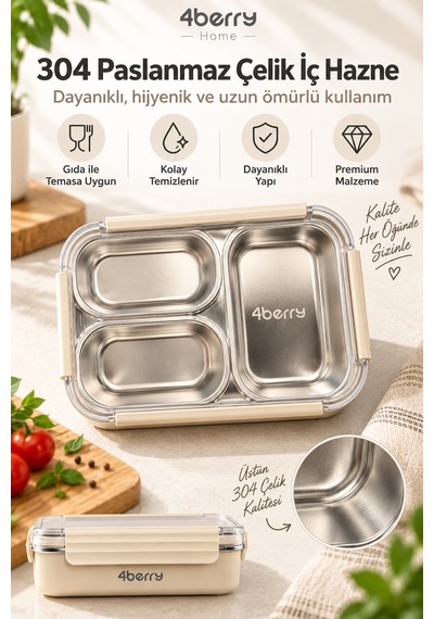 4berry Home 740 Ml 3 Bölmeli 304 Paslanmaz Çelik Termos Yemek Kabı Sızdırmaz Kapaklı, Isı Korumalı Beslenme Kutusu Krem-bej