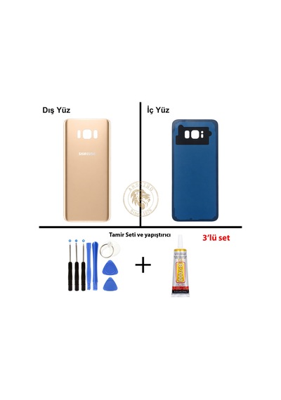 Samsung Galaxy S8 Plus Gold Renk Arka Kapak + Tamir Seti + B7000 Yapıştırıcı Arka Cam Batarya Kapağı Pil Kapağı Lazer Kesim Back Cover Galaxy S8 Plus Uyumlu