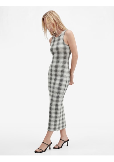 Koton Slim Fit Bisiklet Yaka Midi Boy Ekose Bodycon Elbise Altın Çizgili 6sak80061uk