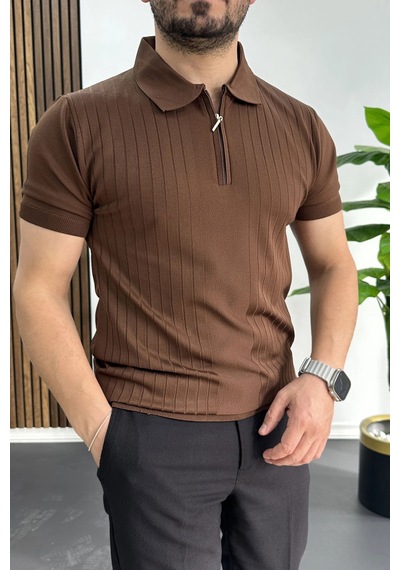 Erkek Çizgi Desenli Polo Yaka Kahverengi Edw458 Kahverengi