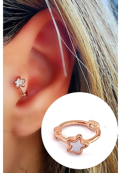 Sedef Taş Detaylı 925ayar Gümüş Üzerine Rose Altın Kaplama Yıldız Figürlü Tragus Kıkırdak Halka Piercing Altın