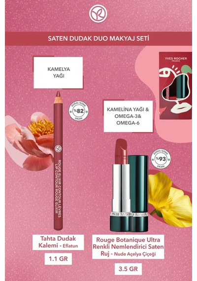 Yves Rocher Saten Dudak Duo Makyaj Seti-dudak Kalemi -eflatun & Saten Ruj -nude Açelya Çiçeği