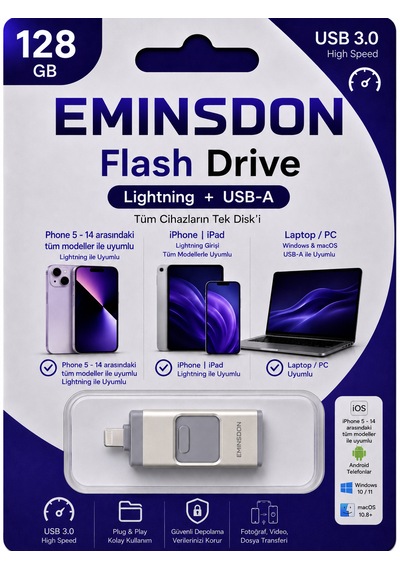 128gb Flash Bellek Iphone 5-14 Modeller Arası İos Uyumlu Bilgisayarla Uyumlu Lightning Usb Otg 128 GB
