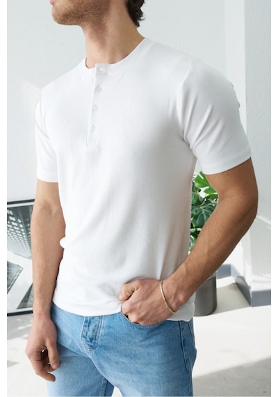 Baselco Premium Henley Yaka Beyaz T-shirt - Rib Dokulu Modern Fit