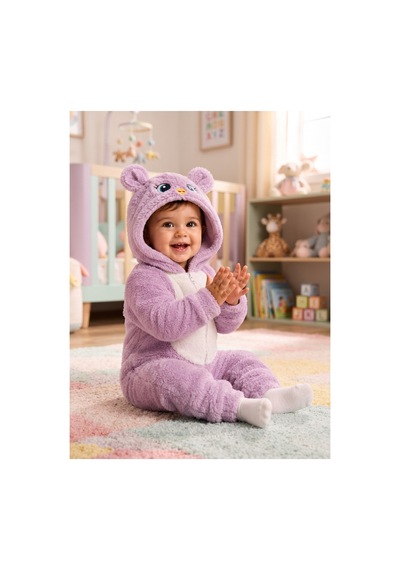 Chicsy Baby Tatlı Kız Bebek Welsoft Tulum Kuş Civciv Nakışlı Kulaklı Kapüşonlu Fermuarlı Peluş Kışlık Bebek Tulumu Lila