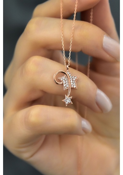 Papatya Silver 925 Ayar Gümüş Rose Kaplama Beyaz Taşlı Kayan Yıldız Kadın Kolye