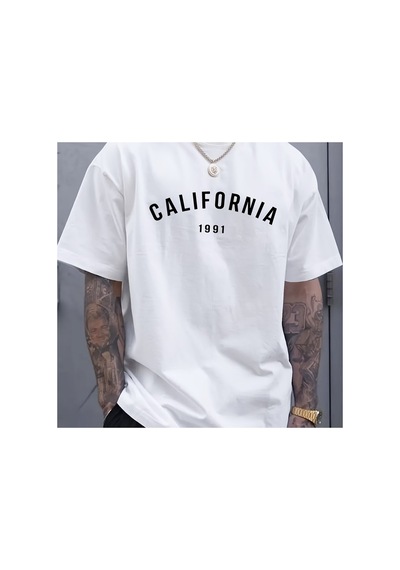 Caddemia Yaz  Moda Rahat Gevşek Kaliforniya 1991 Baskılı Yuvarlak Boyun Kısa Kol Beyaz 2XL