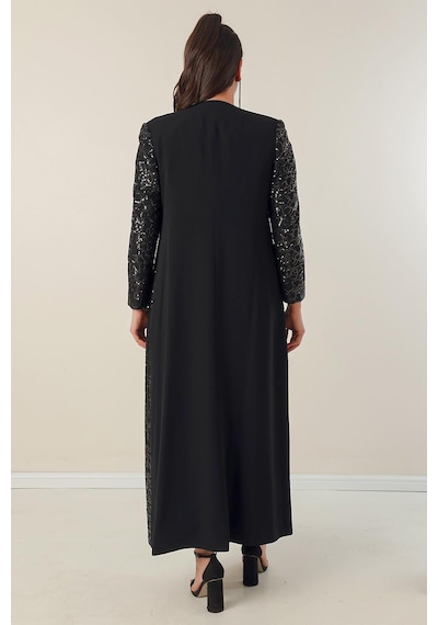 By Saygı Yarım Ay Kollu Uzun Krep Elbise Kolu Ve Önü Pulpayet Kaftan Astarlı Büyük Beden 2'li Takım-34854-siyah Siyah By Saygı Yarım Ay Kollu Uzun Krep Elbise Kolu Ve Önü Pulpayet Kaftan Astarlı Büyük Beden 2'li Takım-34854-siyah Siyah