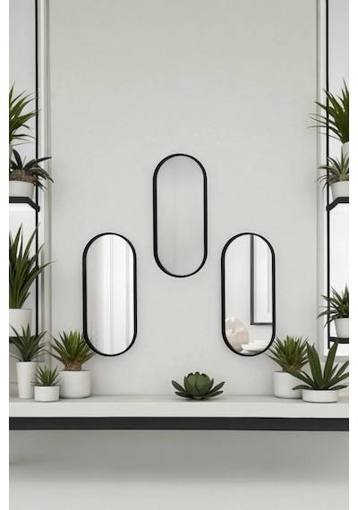 Ucr Home Oval Aynalı Duvar Aksesuarı Sunumluk İkramlık Kahve Ve Çay Çok Amaçlı 3 Adet Siyah
