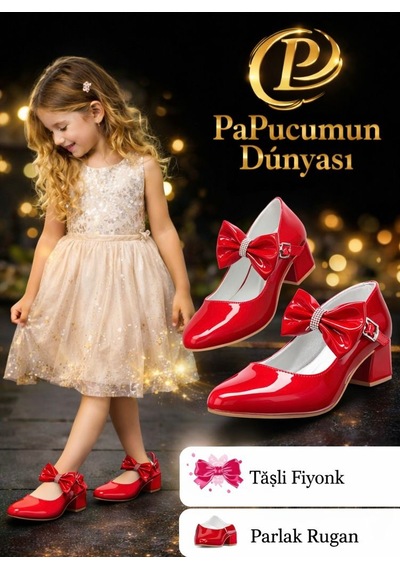 Papucumun Dünyası Topuklu Fiyonklu Kız Çocuk Babet Kırmızı