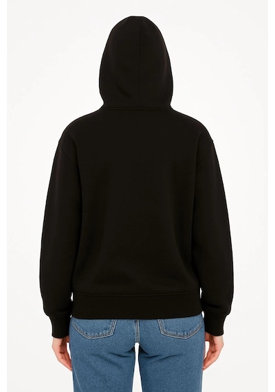 Kadın Kapüşonlu 3 İplik Şardonlu Önü Baskılı Fermuarlı Oversize Sweatshirt - Siyah Çok Renkli