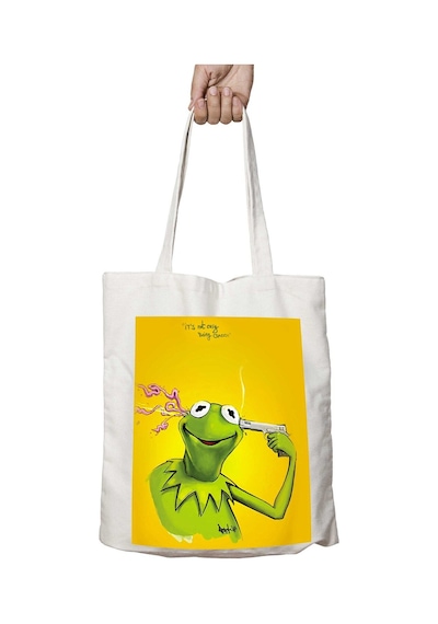 Art Hediye Susam Sokağı Kermit Not Easy İki Tarafı Kalıcı Baskılı Yıkanabilir Çanta Çok Renkli