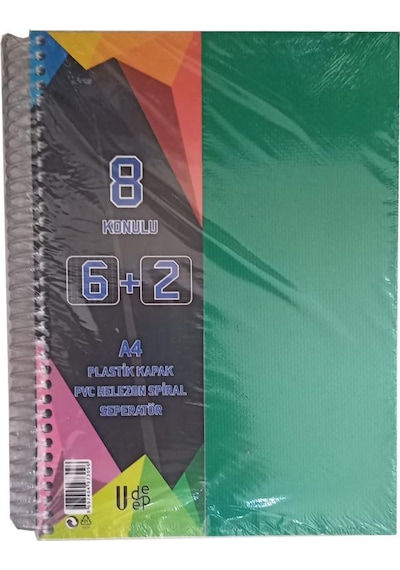 6+2 Ayraçlı Defter 8 Konulu 200 Yaprak 1 Adet 6 Kareli 2 Çizgili Spralli Plastik Kapak Seperatörlü Yeşil