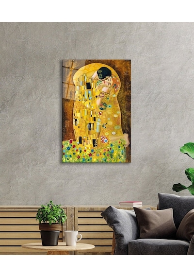 Gustav Klimt Öpücük Cam Tablo Evlika, Ev Ve Ofis Duvar Dekoru, Hediyelik Büyük Temperli 4 Mm Cam Tablo Evlika