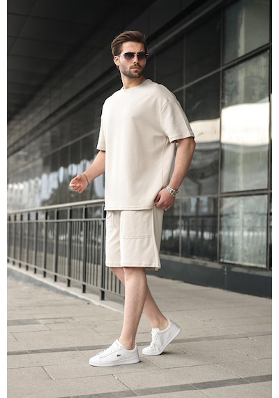 Madmext Taş Rengi Bisiklet Yaka Oversize Erkek Şort T-shirt Takım E7355 Taş Rengi