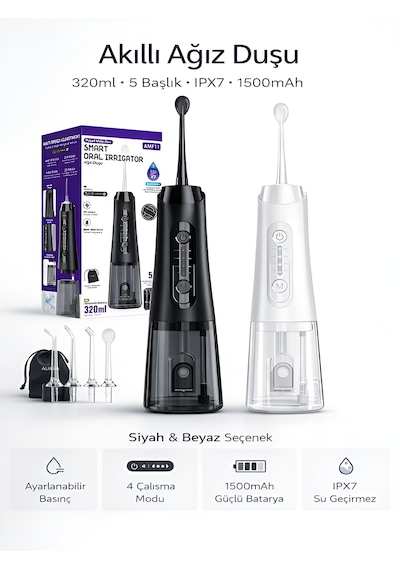 Ipx7 Ağız Duşu 320ml 5 Başlık 4 Mod 20-140 Psı Şarjlı Diş Temizleme Oral Irrigator Siyah