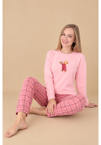 Wordex Fawn 6001 İnterlok Sevimli Ayıcık Desenli Kışlık Ev Kadın Pijama Takımı Pembe
