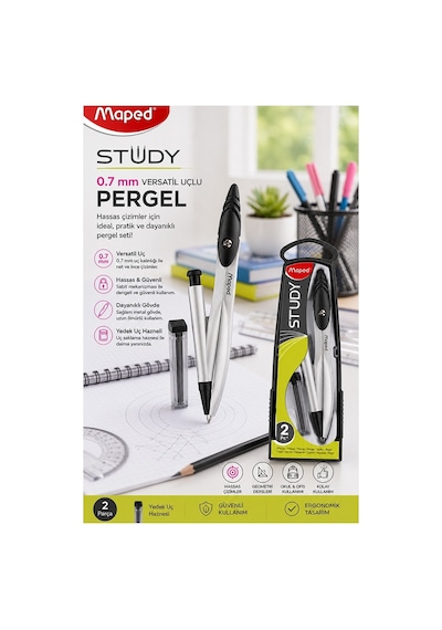 0.7 Uçlu Metal Pergel Siyah 1 Adet Maped 119430 Kutulu Metal Pergel Versatil Uçlu Mekanik Kalem Basmalı Uçlu Matematik