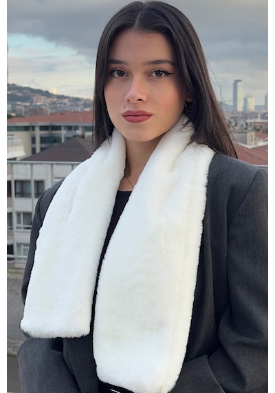 Mollycrush Peluş Yumuşak Soft Atkı Kışlık Suni Kürklü Beyaz Kadın Atkısı Beyaz