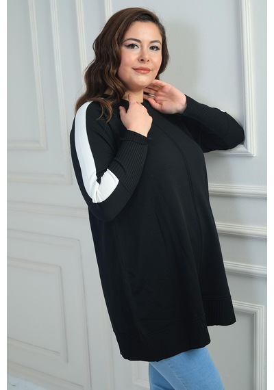 By Saygı Kadın Kolları Şeritli Büyük Beden Tunik Bluz-41899 Siyah